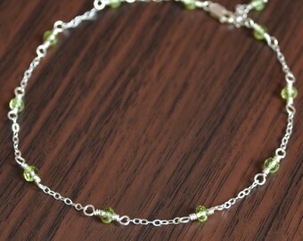 Real Peridot Anklet, Sterling Silver Chain Ankle Bracelet, Lime Green Gemstone, Dainty Lightweight August Birthstone Jewelry for Women