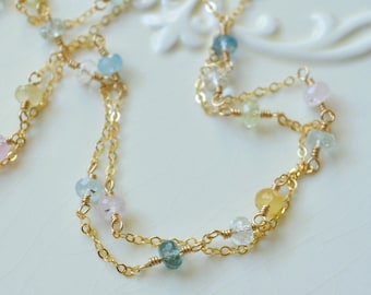 Real Aquamarine Necklace, Double Strand Gemstone Jewelry for Women, Gold Filled Cable Chain, Multi Color Stones, March Birthstone Gift