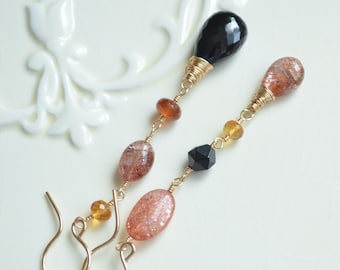 Long Sunstone Earrings, Mismatched Earrings, Black Spinel Gemstone Jewelry, Gold Filled, Unmatched, Real Citrine Earrings for Women