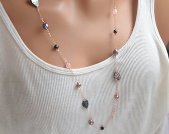 Long Necklace with Abalone Peach Morganite Black Onyx and Freshwater Pearls, Silver or Rose Gold Jewelry, Sexy Beach Jewelry, Free Shipping