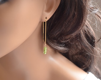 Gold Threader Earrings, Real Peridot Gemstones, Ear Threads, August Birthstone Jewelry, Lime Green, Free Shipping