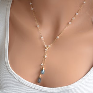 Lariat Necklace, Rainbow Moonstone Necklace, Silver or Gold Filled Jewelry, Labradorite Necklace, Moonstone Jewelry, Made To Order