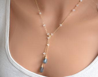 Lariat Necklace, Rainbow Moonstone Necklace, Silver or Gold Filled Jewelry, Labradorite Necklace, Moonstone Jewelry, Made To Order