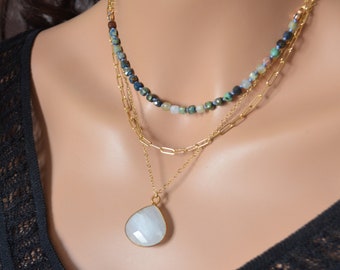 Gold Layering Necklaces, Layered Set, Large Rainbow Moonstone Pendant, Blue Green Chrysocolla Gemstone, Paperclip Chain, Jewelry for Women