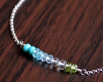 Dainty Silver Bracelet, Turquoise, Blue Topaz, Peridot, Real Gemstone Row, Simple Sterling Jewelry, Free Shipping