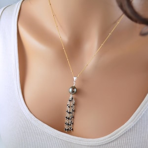 Tahitian Pearl Tassel Necklace: Black Spinel Gemstone, Mixed Metal Jewelry