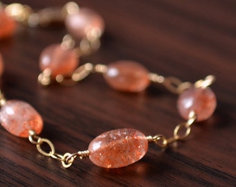 Sunstone Bracelet, Gold Filled or Sterling Silver, Salmon Orange Gemstone Jewelry for Her, Dainty Bracelet, Real Stone, Made to Order