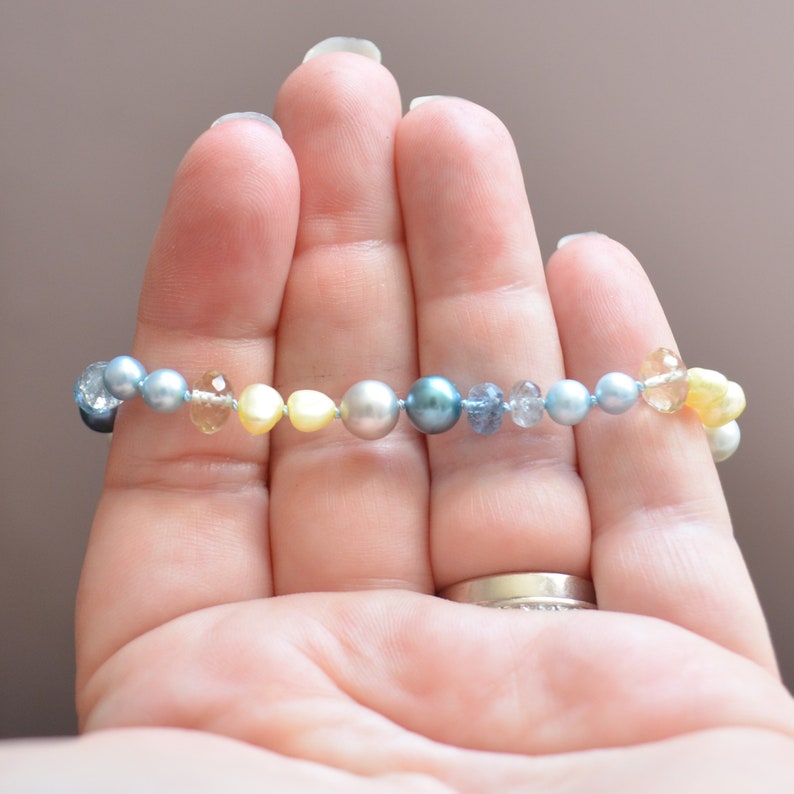 Gemstone and Pearl Bracelet with Moss Aquamarine and Lemon Quartz, Hand Knotted Jewelry, Rose Gold Filled, Aqua Silk Cord, Blue and Yellow image 7