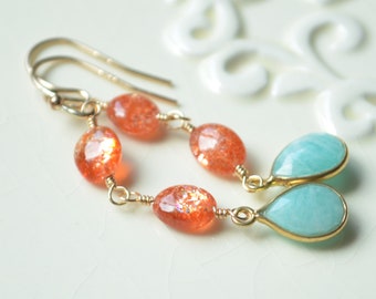 Pretty Sunstone Earrings with Amazonite, Gold Filled, Dangle Earings, Aqua Blue Gemstone, Natural Smooth Stones, Jewelry for Women