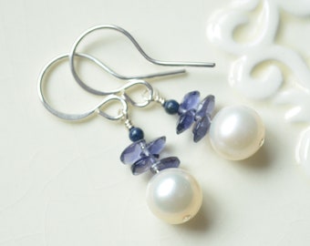 White Pearl Earrings with Iolite Gemstones, Sterling Silver, Hook Earwires, Drops, Real Freshwater, Lapis Lazuli, Elegant Jewelry for Women