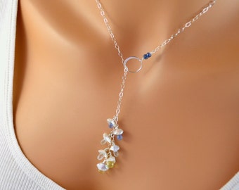 Pearl Lariat Necklace, Sterling Silver, White Keishi Pearl, Kyanite Aquamarine Lemon Quartz, Gemstone Jewelry, Free Shipping