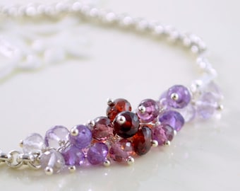 Gemstone Bracelet, Garnet Rhodolite Pink Amethyst Bracelet for Women, Rolo Chain, Genuine Stone Cluster, Sterling Silver Jewelry