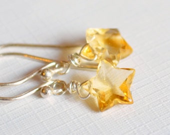 Real Citrine Earrings, Stars, Gold or Sterling Silver Jewelry, November Birthstone, Simple Dainty and Delicate, Free Shipping