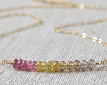 Pink and Yellow Tourmaline Necklace, Smoky Quartz, Real Gemstone, October Birthstone, Sterling Silver or Gold Jewelry, Free Shipping