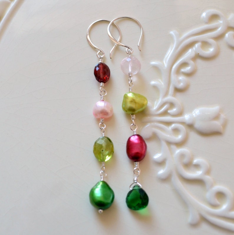 Mismatched Earrings in Sterling Silver or Gold, Fun Holiday Jewelry, Mismatch Earrings, Peridot Garnet Rose Quartz and Pearl image 4