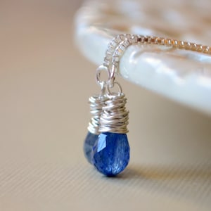 Royal Blue Kyanite Earrings, Wire Wrapped Teardrops, Threader Earrings Sterling Silver, Kyanite Jewelry, Made to Order, Gift for Girlfriend