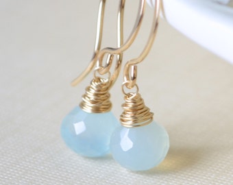 Aqua Chalcedony Gemstone Earrings, Gold Filled Wire Wrapped, Blue Onion Drop