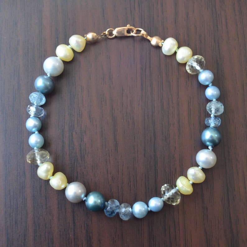 Gemstone and Pearl Bracelet with Moss Aquamarine and Lemon Quartz, Hand Knotted Jewelry, Rose Gold Filled, Aqua Silk Cord, Blue and Yellow image 3