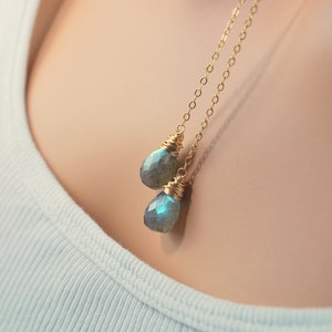 Labradorite Lariat Necklace, Gold or Sterling Silver Jewelry, Genuine Gemstone Teardrops, Minimalist, Free Shipping