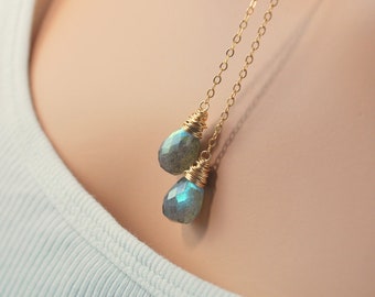 Labradorite Lariat Necklace, Gold or Sterling Silver Jewelry, Genuine Gemstone Teardrops, Minimalist, Free Shipping