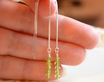 Peridot Threader Earrings, Wire Wrapped, Ear Threads, Gemstone Jewelry, Sterling Silver, August Birthstone, Lime Green, Free Shipping