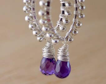 Marquise Amethyst Earrings, Sterling Silver Wire Wrapped, February Birthstone