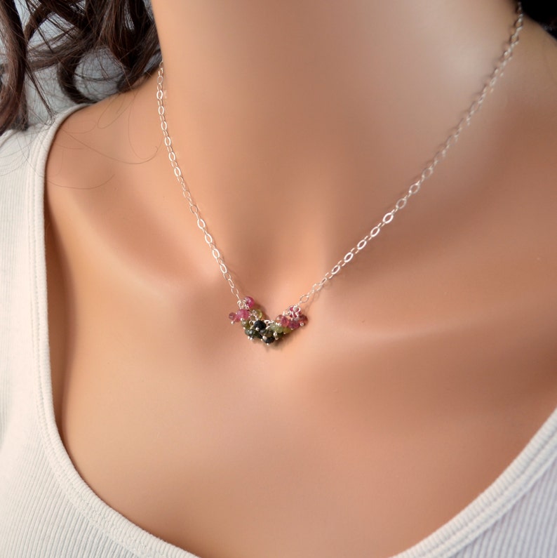 Gemstone Necklace, Tourmaline Cluster Necklace, Pink Greens, Genuine October Birthstone, Sterling Silver Jewelry, Free Shipping image 3