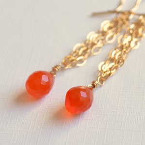 Carnelian Earrings, Orange Gemstone Jewelry, Bright Earings, Gold Filled Chain, French Hook Earwires, Made to Order, Free Shipping