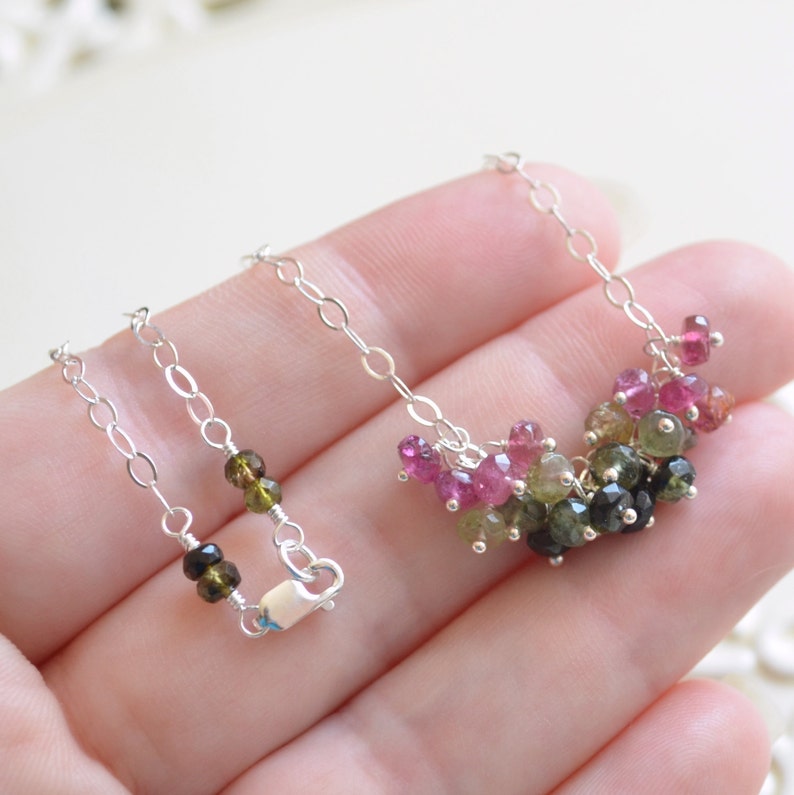 Gemstone Necklace, Tourmaline Cluster Necklace, Pink Greens, Genuine October Birthstone, Sterling Silver Jewelry, Free Shipping image 5