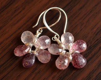 Pink Rutilated Quartz Earrings, Flower Jewelry, Genuine Gemstones, Wire Wrapped, Sterling Silver, Made to Order, Free Shipping