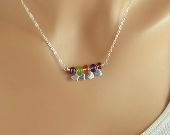 Birthstone Family Necklace, Sterling Silver, Real Gemstones, Mother's Day, Custom, Hearts, Personalized Jewelry for Mom