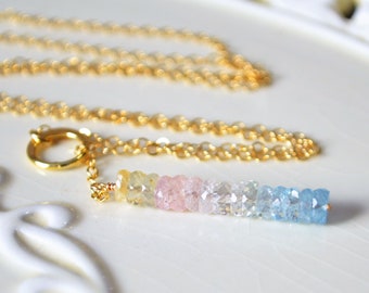 Aquamarine Lariat Necklace, Genuine Gemstones, Real Gem Stone, Simple, Minimalist, Modern Gold Filled, Birthstone Jewelry for Her