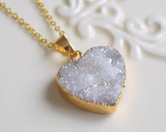 White Druzy Necklace in Gold with Heart Shaped Pendant