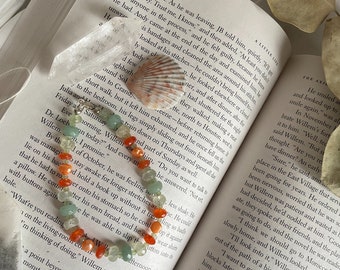 Beaded Bracelet, Orange and Mint Green, Carnelian, Aventurine, Prehnite Gemstones, Freshwater Pearl, Sterling Silver - Free Shipping