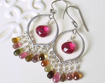 Pendientes de araña de plata de ley: cuarzo rosa y turmalina multicolor