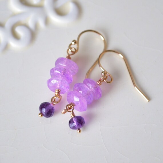 Lavender Moonstone & Amethyst Earrings: Gold Filled Mystic Gemstone Drops