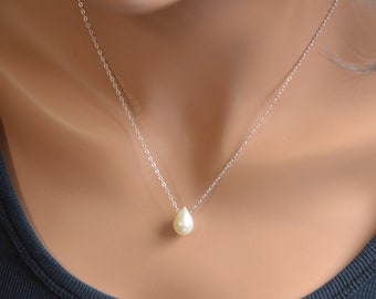 Simple White Pearl Drop Necklace, Teardrop Floating Pearl Necklace, Sterling Silver, Minimalist Pearl Bridal Jewelry, Single Pearl Necklace