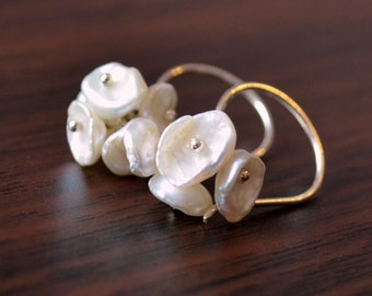 White Keishi Pearl Earrings, Sterling Silver, Cluster, Freshwater Flower Blossom, Bridesmaid Jewelry, Made to Order, Free Shipping