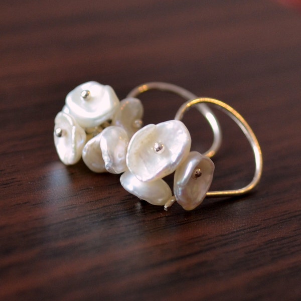 Keishi Pearl Earrings: Sterling Silver Flower Blossom Cluster