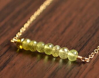Green Gemstone Necklace in Gold with Grossular Garnets, Olive Green Jewelry, Ombre Necklace, Gold Bar Necklace, Modern Jewelry for Women