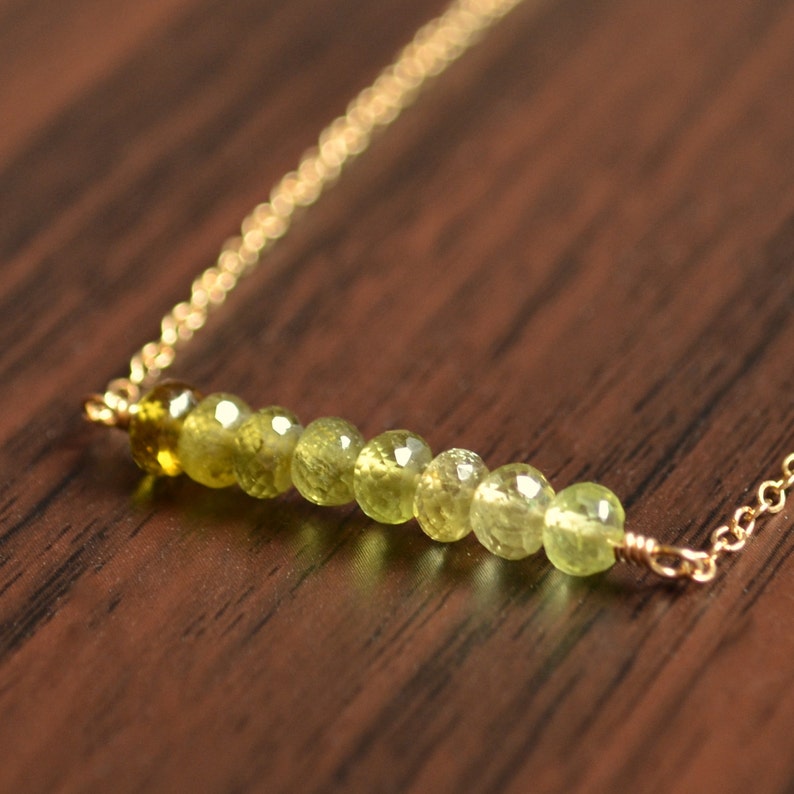 Modern Jewelry for Women Olive Green Jewelry Green Gemstone Necklace in Gold with Grossular Garnets Ombre Necklace Gold Bar Necklace