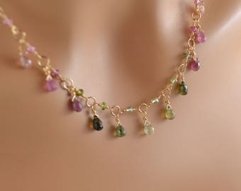 Pink & Green Tourmaline Gemstone Necklace: Gold-Filled or Sterling Silver