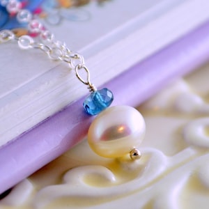 London Blue Topaz Necklace, Drop Pearl Necklace, June December Birthstone Jewelry, Sterling Silver, Blue Topaz Jewelry for Girls
