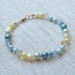 Gemstone and Pearl Bracelet with Moss Aquamarine and Lemon Quartz, Hand Knotted Jewelry, Rose Gold Filled, Aqua Silk Cord, Blue and Yellow image 4