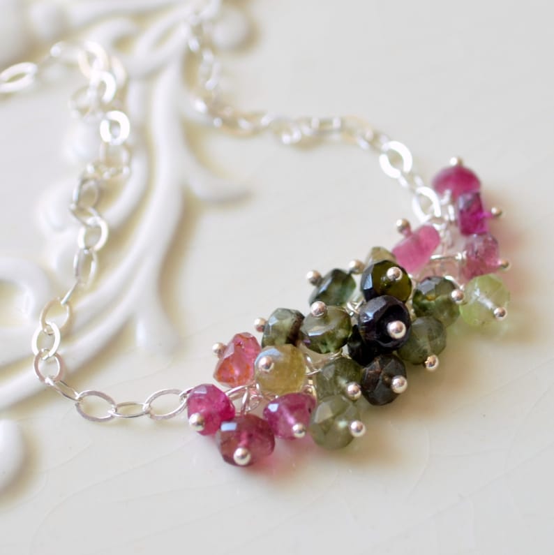 Gemstone Necklace, Tourmaline Cluster Necklace, Pink Greens, Genuine October Birthstone, Sterling Silver Jewelry, Free Shipping image 2