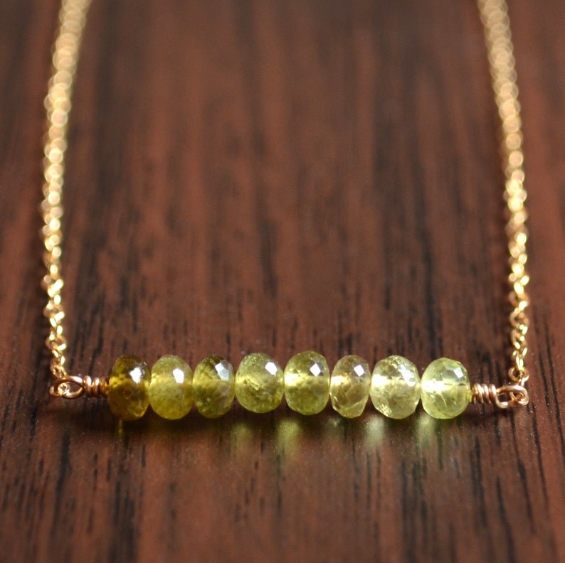 Modern Jewelry for Women Olive Green Jewelry Green Gemstone Necklace in Gold with Grossular Garnets Ombre Necklace Gold Bar Necklace