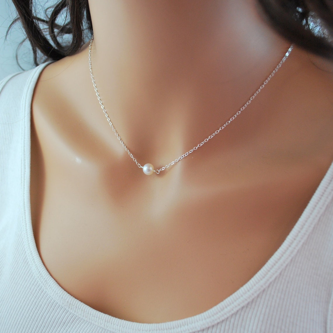 Freshwater Pearl Choker Necklace Floating White Single Etsy