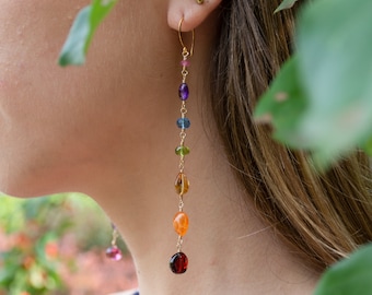 Long Rainbow Earrings, Mismatched Earrings, Gemstone Jewelry, Gold Filled, Bright Colorful, Real Stone, Pride, Mismatch Earrings