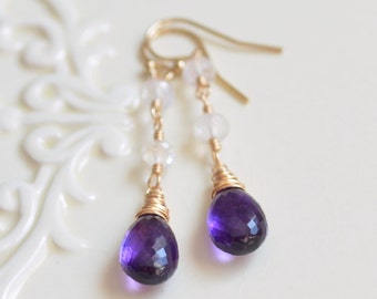 Rainbow Moonstone and Amethyst Earrings, Real Gemstone, Dark Purple, February Birthstone, Gold Filled Jewelry, Made to Order