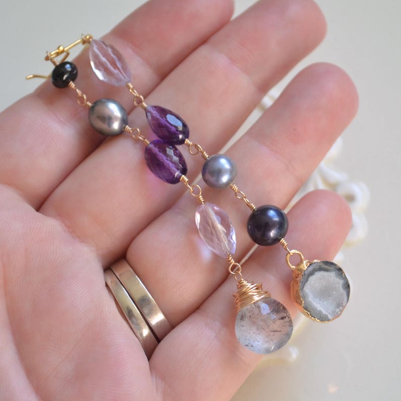 Long Mismatched Earrings Druzy Purple Amethyst Gemstone Etsy